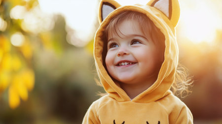 A joyful child smiles brightly while wearing a yellow hoodie with ears, radiating happiness in the warm sunlight. The serene outdoor setting enhances her adorable expression.の素材