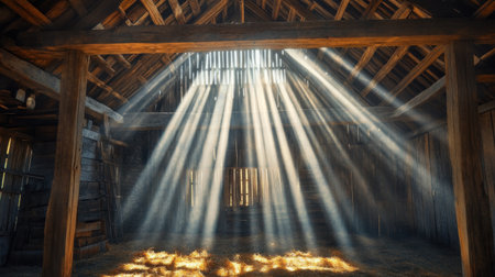 Beautiful sunlight filters through wooden beams in a rustic barn, creating a stunning ambiance. This serene interior captures the warmth of country life.の素材
