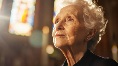 An elderly woman gazes thoughtfully in a church, illuminated by soft light streaming through stained glass windows, embodying serenity and reflection.の素材