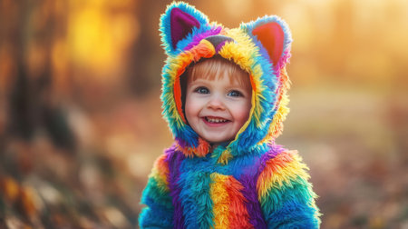 A joyful young child in a vibrant rainbow-colored hoodie smiles brightly outdoors, embodying happiness and innocence in a sunny autumn setting.の素材