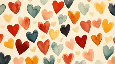 This vibrant watercolor pattern features a delightful array of colorful hearts, perfect for themes of love, celebration, and creativity. Ideal for various decorations.の素材