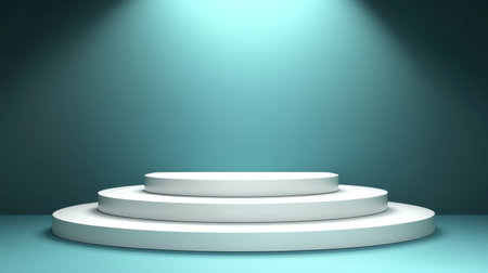 A minimalist stage design features circular platforms highlighted by soft spotlights. Perfect for presentations, exhibitions, and creative displays, this versatile backdrop offers a clean, modern aesthetic.の素材