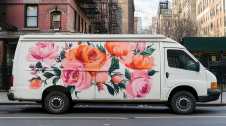This image features a white van adorned with a vibrant floral design of pink roses, set against an urban backdrop. A beautiful blend of art and transport.の素材