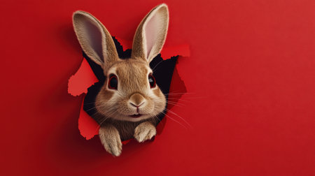 A charming rabbit appears to break through a vibrant red wall, showcasing its playful expression and adorable features. Perfect for creative projects!の素材