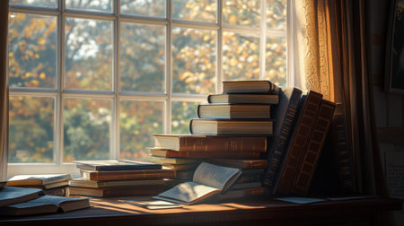 A cozy scene showcasing a stack of books by a sunlit window, surrounded by the vibrant colors of autumn. Perfect for themes of reading and tranquility.の素材