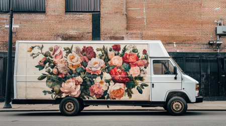 A vintage delivery truck featuring a stunning floral mural showcases creativity in urban transportation. The colorful roses enhance the street environment.の素材