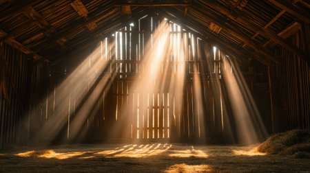 Warm sunlight filters through the slatted barn doors, creating a serene atmosphere within the rustic interior. The interplay of light and shadows evokes feelings of tranquility.の素材