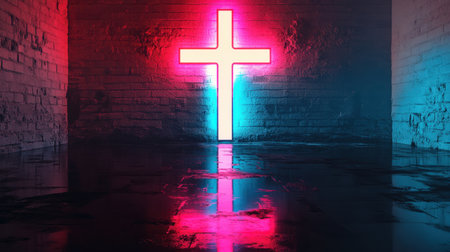 A striking neon cross illuminates a dark room, casting colorful reflections on the wet floor. The bold colors create a dramatic and modern ambiance, symbolizing faith.の素材