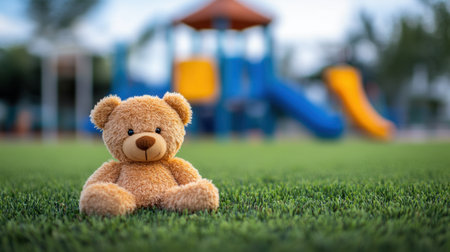 A cute teddy bear sits on lush green grass in a colorful children's playground. This image captures the essence of childhood joy, innocence, and playfulness in a serene outdoor setting.の素材