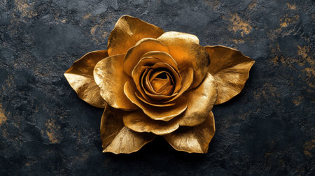 Stunning gold rose artfully displayed against a dark textured background, perfect for showcasing elegance and luxury in creative projects. Ideal for artistic purposes.の素材