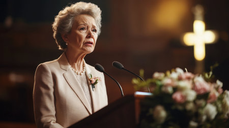 An elderly woman delivers a heartfelt speech at a formal ceremony, showcasing a blend of emotion and elegance amidst a beautiful floral arrangement.の素材
