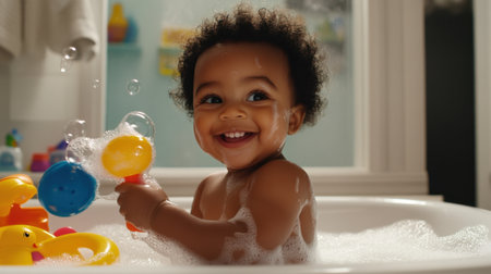 A happy child enjoys bath time, surrounded by bubbles and colorful toys, capturing the joy and innocence of childhood in a bright, cheerful moment.の素材