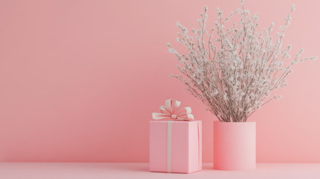 This elegant display features a soft pink background with a beautifully wrapped gift beside a delicate arrangement of white blossoms, creating a serene and inviting atmosphere.の素材