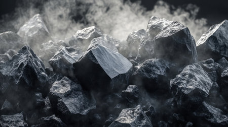 A captivating dark rock texture surrounded by mist and smoke, perfect for use in backgrounds or as a unique natural element in design and art projects.の素材