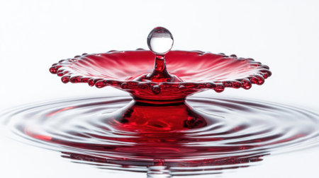 Captivating image of a water droplet impacting a red liquid surface, creating mesmerizing ripples and a stunning visual effect. Ideal for various creative uses.の素材
