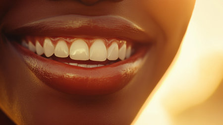 A vibrant close-up shot of a woman's joyful smile showcases her radiant white teeth and glossy lips, evoking feelings of happiness and confidence.の素材