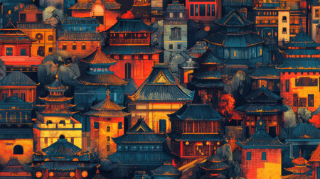A stunning urban landscape showcases traditional Asian architecture at night, illuminated with vibrant colors that create a picturesque scene full of culture and artistry.の素材