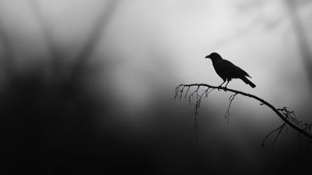 A haunting silhouette of a bird perched gracefully on a bare branch amidst a foggy atmosphere. The soft tones create a tranquil and mysterious landscape.の素材
