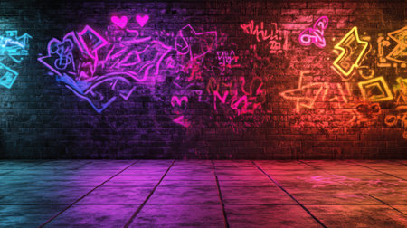 This image showcases a vibrant graffiti wall illuminated by colorful neon lights. The artistic expression through lively patterns creates a dynamic urban atmosphere perfect for creative projects.の素材