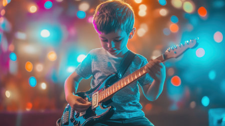 A young boy passionately plays an electric guitar under vibrant stage lights, capturing the essence of music and creativity during a lively performance.の素材
