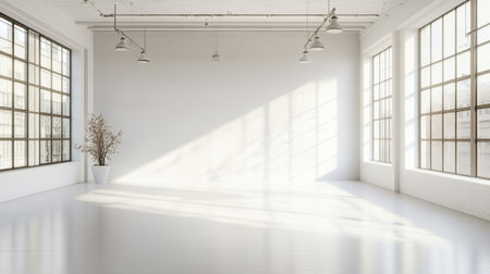 This bright and spacious empty room features large windows allowing natural light to flood in, creating an airy and minimalist atmosphere ideal for various uses.の素材
