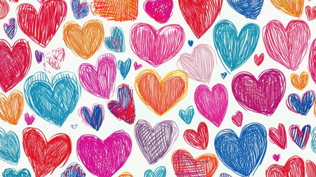 A vibrant collection of hand-drawn hearts in various sizes and colors, ideal for backgrounds, cards, or creative projects expressing love and joy.の素材