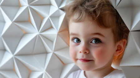 Adorable portrait of a charming child with big eyes smiling against a unique textured wall, showcasing innocence and joy in a cozy indoor setting.の素材