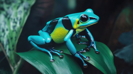 A striking blue frog rests elegantly on a vibrant green leaf, showcasing its vivid colors against the lush tropical background. The close-up reveals intricate details of its skin and the rich biodiversity of its habitat.の素材