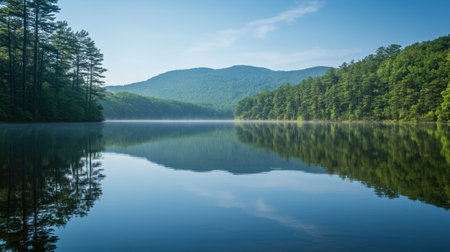 A serene lake reflects lush green mountains under a clear sky. Morning mist gently rises, creating a tranquil atmosphere. Perfect for nature lovers.の素材