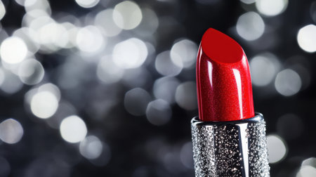 Close-up of shiny red lipstick tube against a sparkling bokeh background, highlighting the glamour and beauty of makeup artistry. Perfect for cosmetic themes.の素材