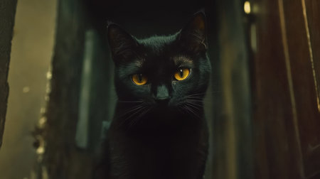 A captivating black cat with vibrant yellow eyes gazes intently in a dimly lit alley, creating an air of mystery and enchantment in its surroundings.の素材