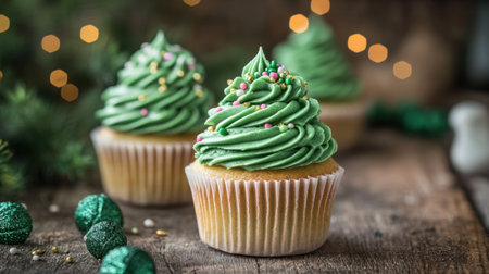 Delight in these festive green cupcakes topped with swirl frosting and colorful sprinkles. Perfect for holiday celebrations and gatherings.の素材