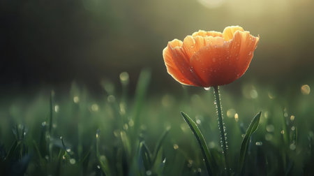 A stunning orange flower stands alone, adorned with droplets of dew, glowing in the soft morning light, evoking tranquility and natural beauty.の素材