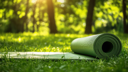 A vibrant green yoga mat rests on lush grass in a sunlit forest, creating an inviting space for outdoor exercise and meditation, enhancing relaxation and wellbeing.の素材