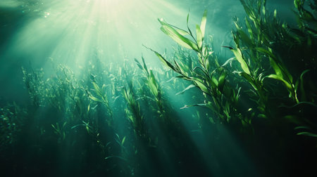 This captivating underwater image showcases lush green plants illuminated by soft rays of sunlight, creating a serene marine atmosphere that evokes tranquility.の素材