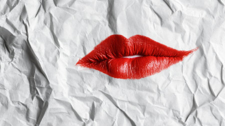 A striking image featuring bright red lips imprinted on a crumpled white paper background, creating a bold contrast. The composition evokes feelings of romance and beauty.の素材