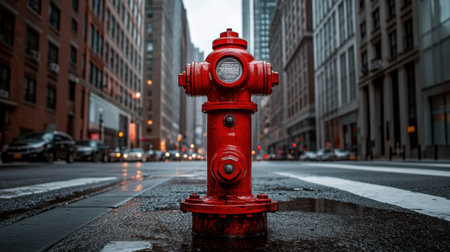 A vibrant red fire hydrant stands prominently on a wet urban street following rain. The scene captures city life, showcasing buildings and reflections.の素材