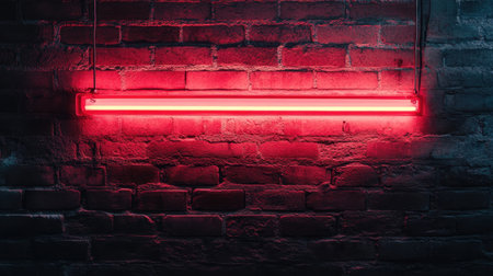 A vibrant red neon light strip casts a warm glow on a textured brick wall, creating a modern urban ambiance perfect for creative backgrounds or trendy designs.の素材