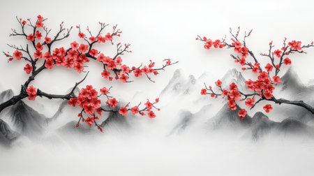 Beautiful illustration of cherry blossoms amidst serene mountains, capturing the essence of spring with vibrant colors and delicate details. Perfect for decor.の素材