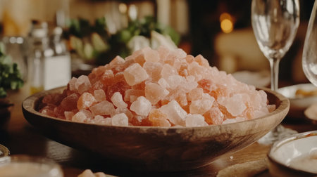 A rustic wooden bowl filled with pink Himalayan salt creates a warm, inviting atmosphere perfect for any culinary or wellness setting.の素材