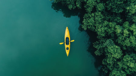 This aerial image captures a bright yellow kayak resting on calm water. Surrounded by lush greenery, it evokes a sense of tranquility and adventure, perfect for outdoor enthusiasts.の素材