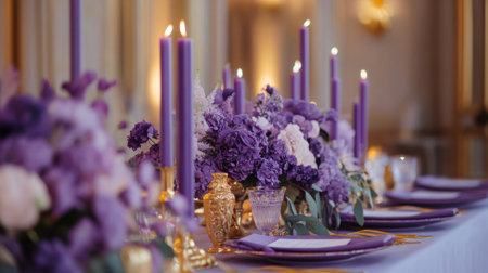 A stunning event setup featuring elegant purple flowers and tall candles, creating a romantic atmosphere. Ideal for special occasions or celebrations.の素材