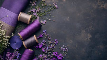 A beautiful composition featuring purple threads and delicate flowers on a rustic background, perfect for showcasing creative sewing and crafting projects.の素材