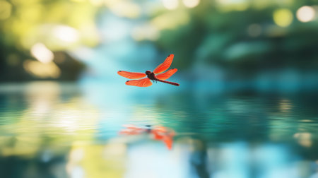 A vivid red dragonfly hovers gracefully above a tranquil water surface, capturing the essence of nature's beauty. The serene reflection enhances the peaceful atmosphere.の素材