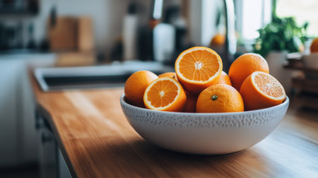 A vibrant bowl filled with fresh oranges, some sliced, resting on a wooden kitchen countertop, showcasing a healthy and inviting kitchen interior.の素材