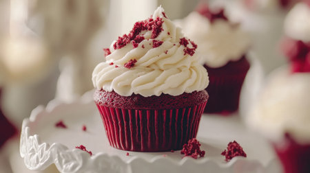An inviting red velvet cupcake topped with creamy frosting and sprinkles. Perfect for celebrations, this delightful dessert adds a charming touch to any occasion.の素材