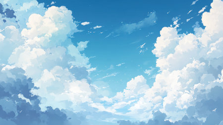 A stunning illustration of a bright blue sky filled with fluffy clouds, creating a serene and tranquil atmosphere that inspires feelings of freedom and openness.の素材