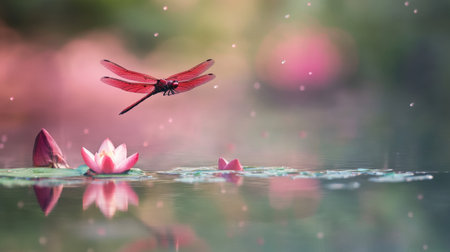 A captivating dragonfly hovers gracefully over beautiful pink lotus flowers in a tranquil pond, reflecting the serene elegance of nature's artistry.の素材