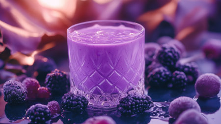 A vibrant purple smoothie served in a stylish glass, surrounded by an assortment of fresh berries. Perfect for health enthusiasts and summer refreshment.の素材