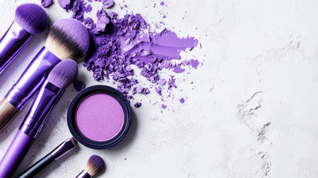 A stylish arrangement of purple makeup brushes and powder on a textured light background. Perfect for beauty, fashion, and cosmetic themes in design projects.の素材